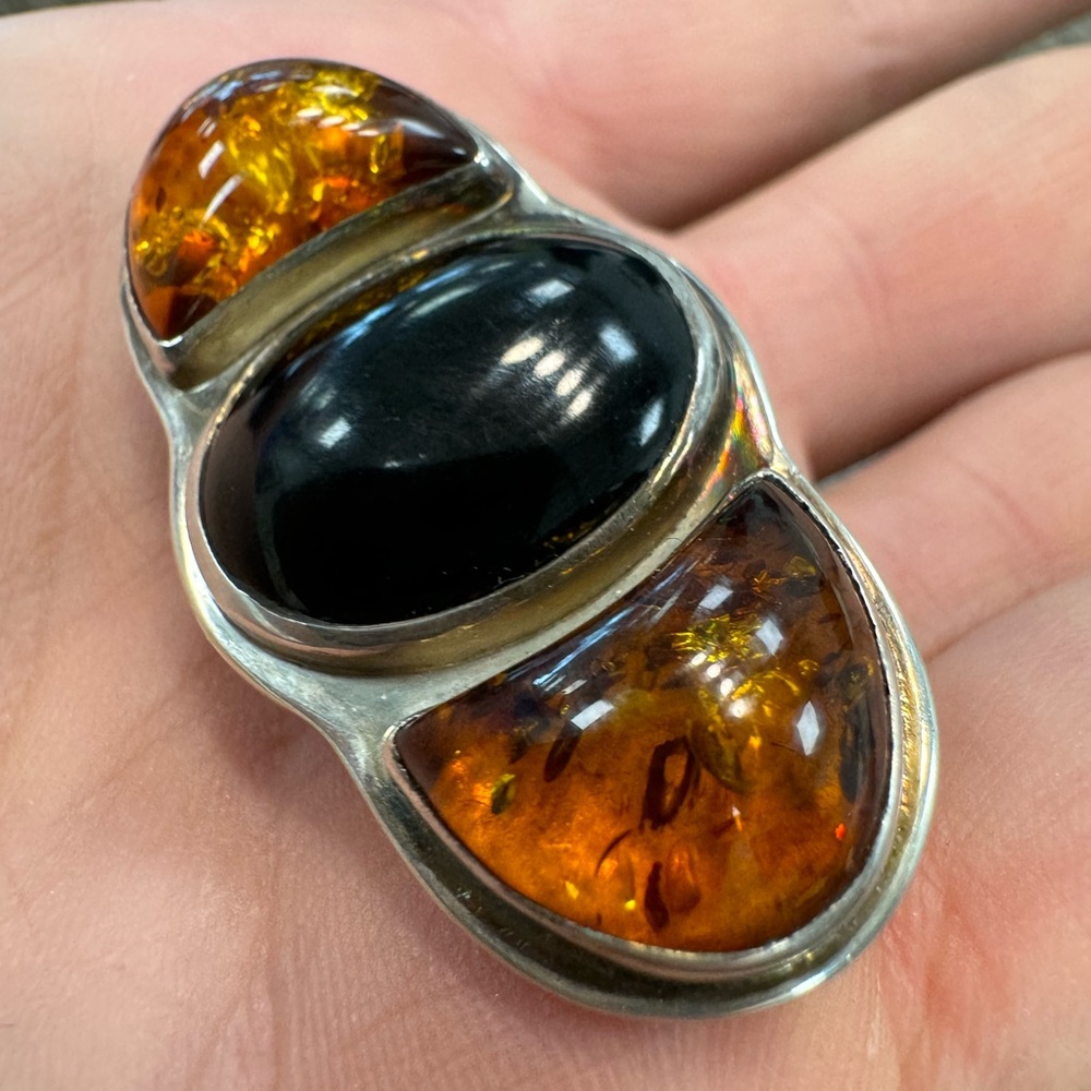 Lori Bonn amber and onyx 925 Sterling silver pin brooch 13.4g